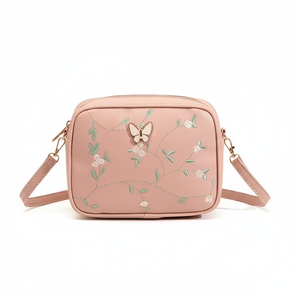 Butterfly Bloom Embroidered Crossbody Bag Pink