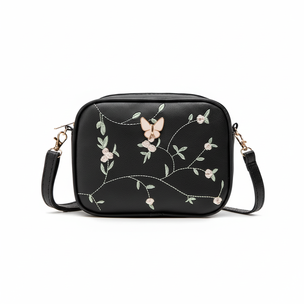 Butterfly Bloom Embroidered Crossbody Bag Black